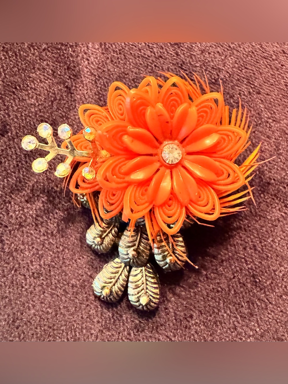 Handmade Brooch by Shabby Using Vintage Parts; 2.25” Coral Flower Brooch w AB